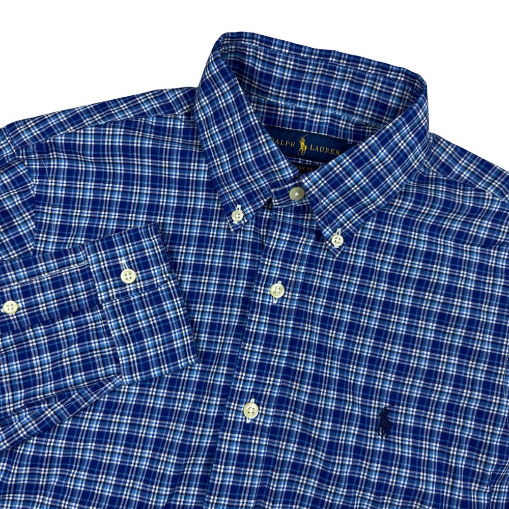 Ralph Lauren Mens Blue Plaid Classic Fit Button Down Shirt Long Sleeve Stretch S